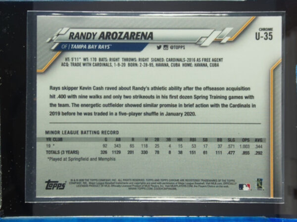 2020 Topps Chrome Update Randy Arozarena RC #U-35 Rays - Image 3