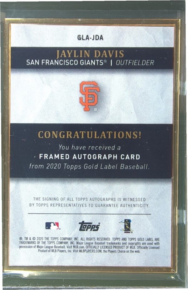 2020 Topps Gold Label Jaylin Davis Auto #GLA-JDA Giants Framed Autographs - Image 3