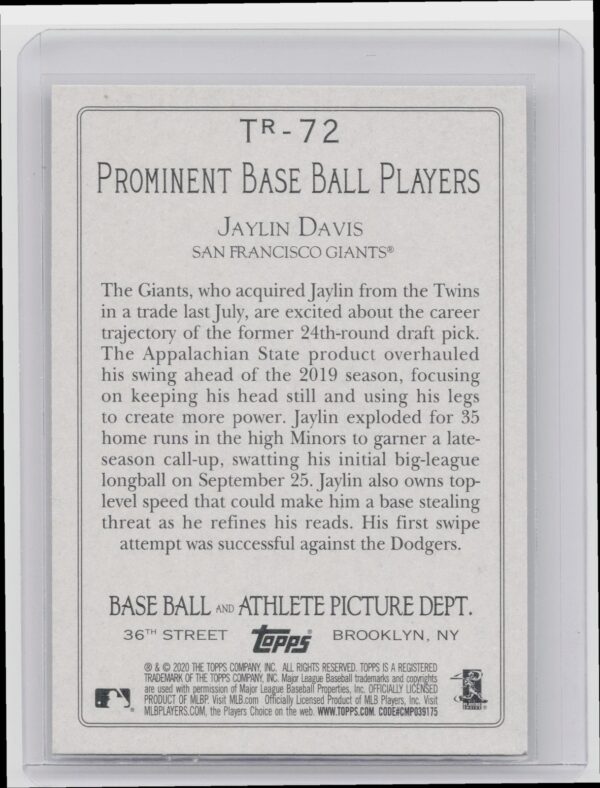 2020 Topps Turkey Red Jaylin Davis #TR-72 Giants - Image 3