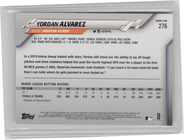 2020 Topps Yordan Alvarez RC #276 Astros - Image 3