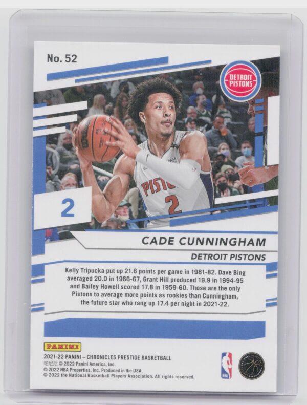 2021-22 Panini Chronicles Prestige Cade Cunningham Rookie RC #52 Pistons - Image 3