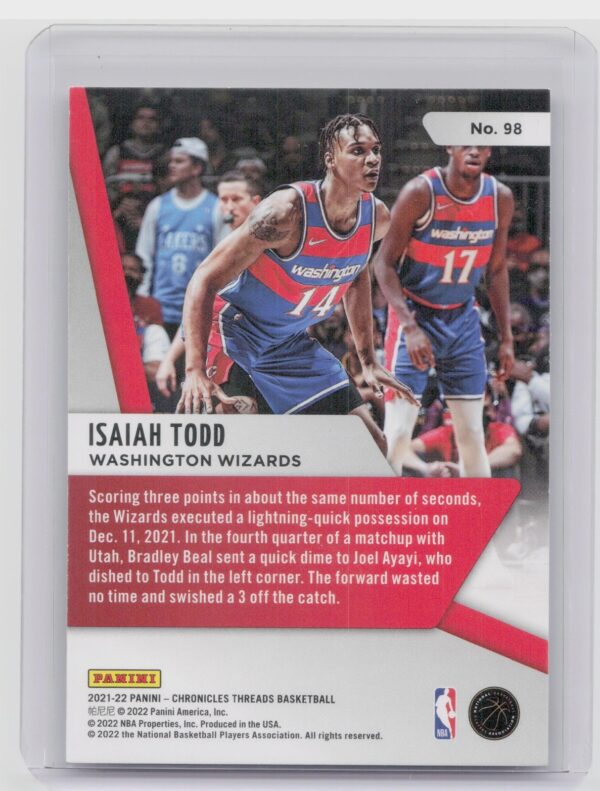 2021-22 Panini Chronicles Threads Isaiah Todd Rookie #98 Wizards - Image 3