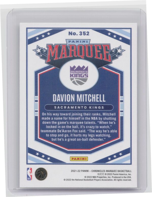 2021-22 Panini Davion Mitchell Rookie RC #352 Kings - Image 3