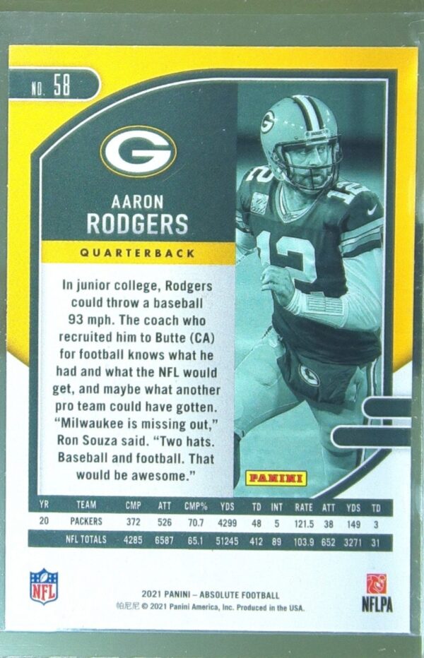 2021 Absolute Aaron Rodgers Green #58 Packers - Image 3