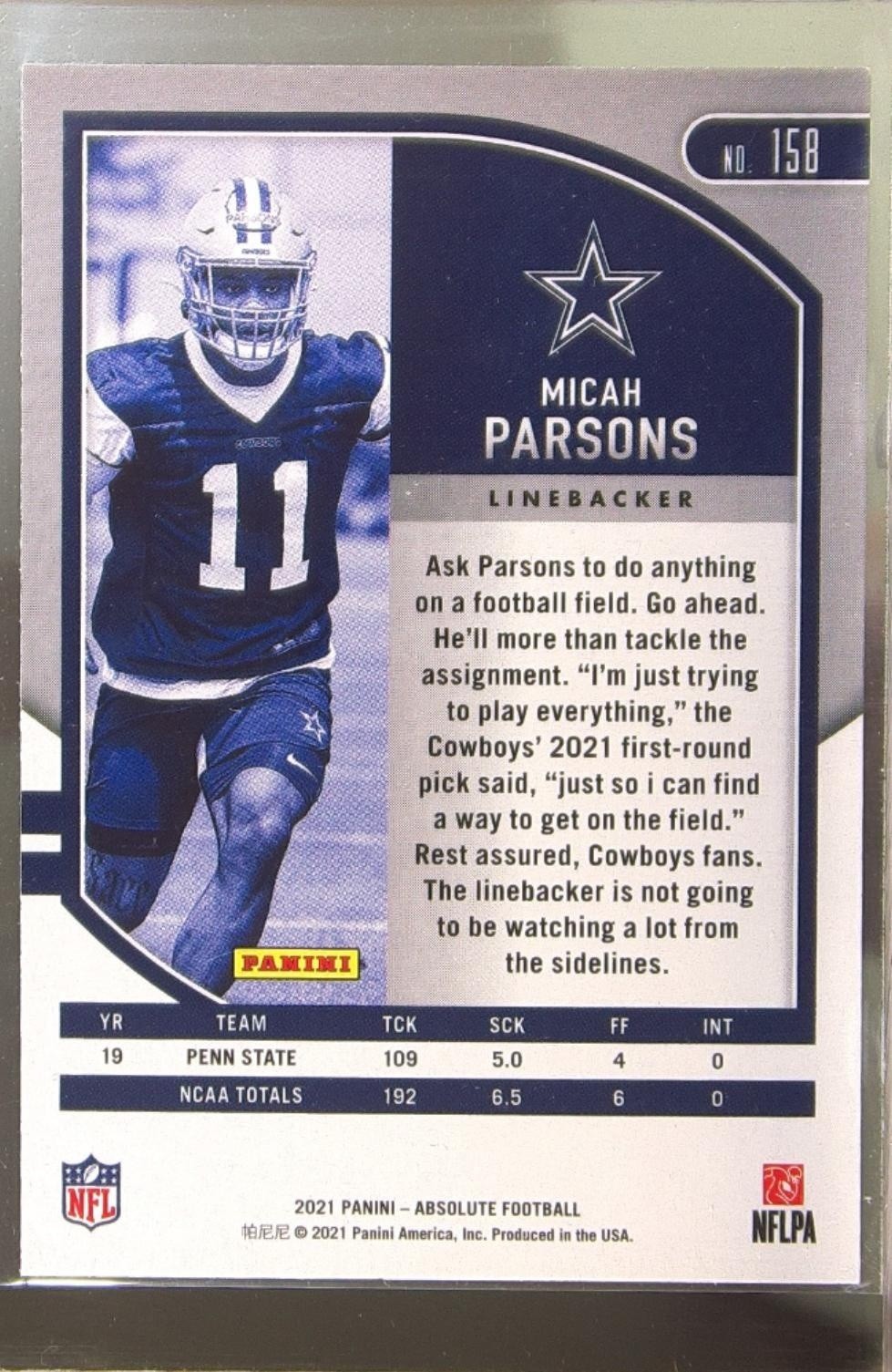 2021 Absolute Micah Parsons RC Retail #158 Cowboys - Image 3