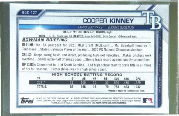 2021 Bowman Draft Cooper Kinney Chrome Green Refractor /99 #BDC-127 Rays - Image 3