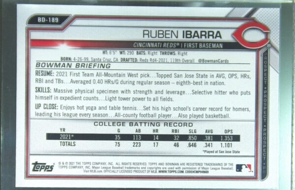 2021 Bowman Draft Ruben Ibarra Sky Blue /499 #BD-189 Reds - Image 3