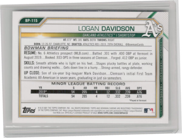 2021 Bowman Logan Davidson #BP-115 Athletics Prospects - Image 3