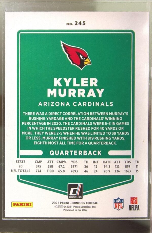 2021 Donruss Kyler Murray Press Proof Yellow #245 Cardinals - Image 3