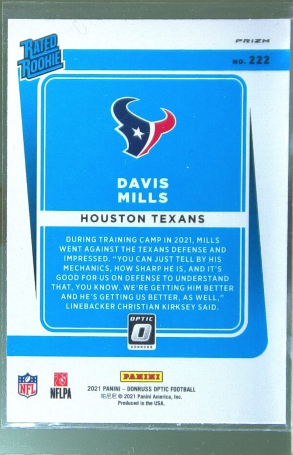 2021 Donruss Optic Davis Mills Purple Shock RC #222 Texans - Image 3