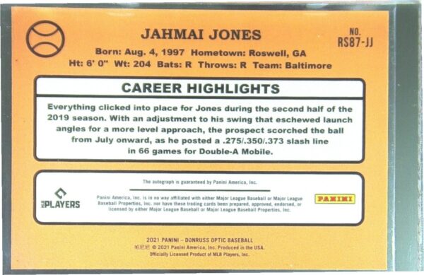 2021 Donruss Optic Jahmai Jones Auto #RS87-JJ Orioles Retro 1987 Signatures - Image 3