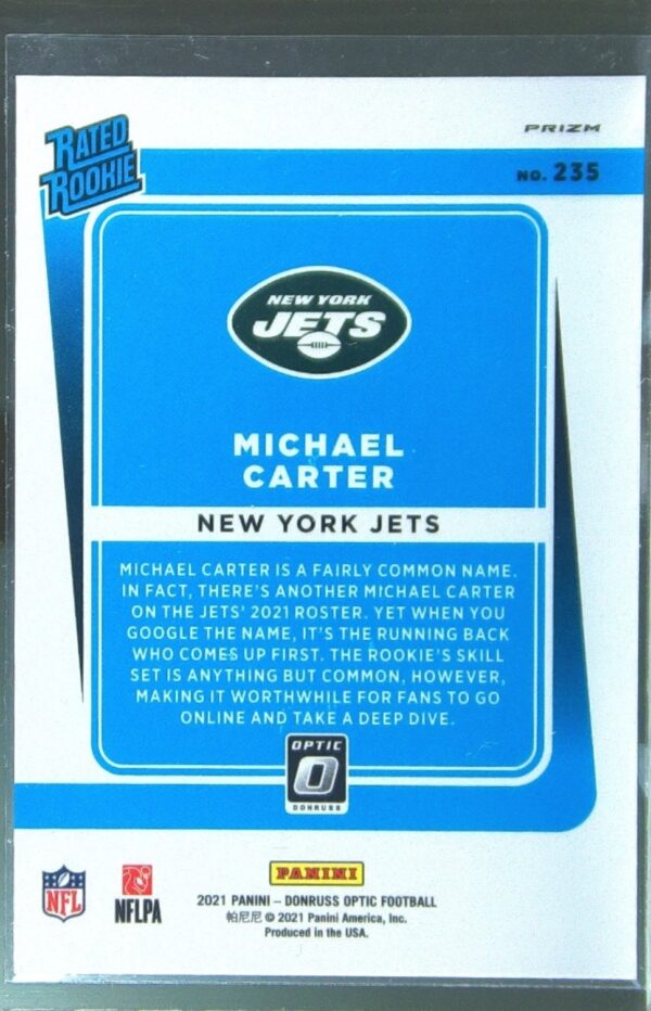 2021 Donruss Optic Michael Carter Holo RC #235 Jets - Image 3