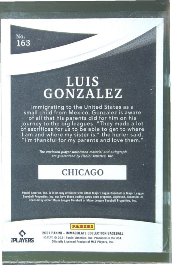 2021 Immaculate Luis Gonzalez Auto RC /99 JSY #163 Sox - Image 3