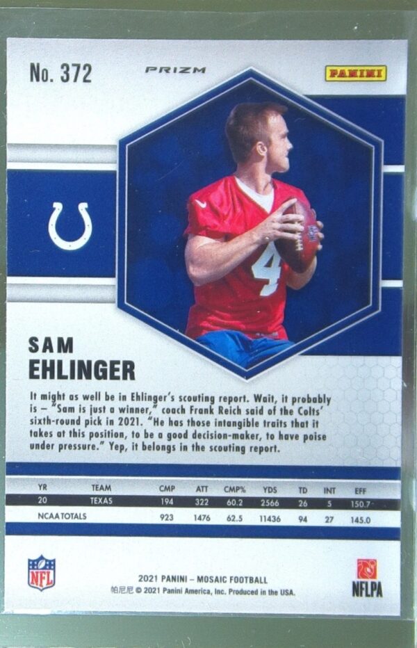 2021 Mosaic Sam Ehlinger Prizm Green RC #372 Colts - Image 3