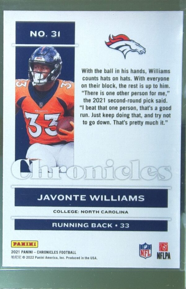 2021 Panini Chronicles Javonte Williams RC #31 Broncos - Image 3