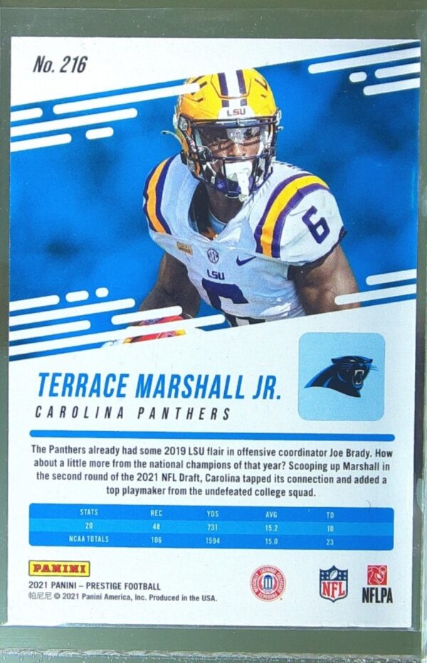 2021 Panini Prestige Terrace Marshall Jr. Xtra Points Blue /249 RC #216 Panthers - Image 3