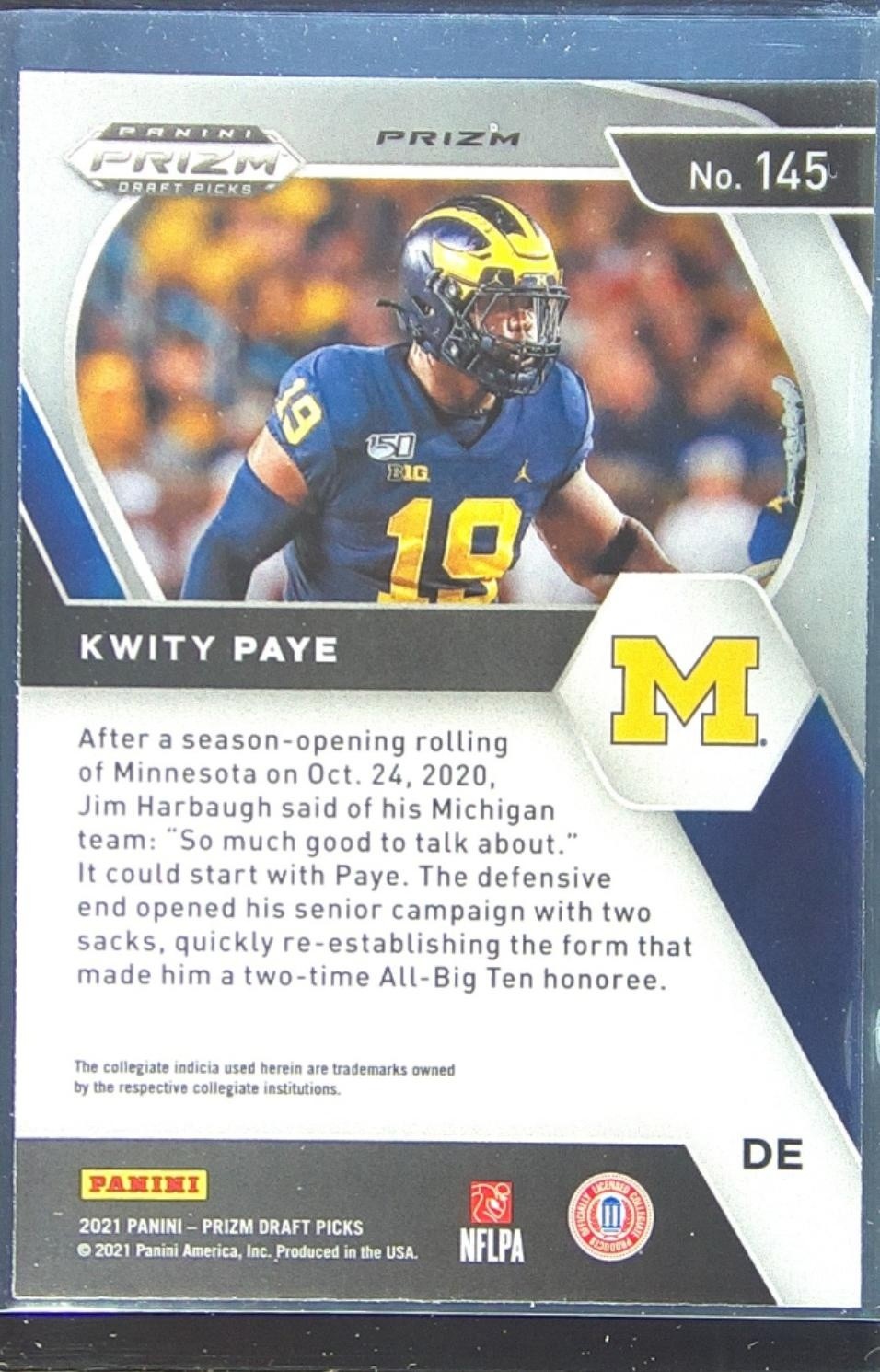 2021 Prizm Draft Picks Kwity Paye Green RC #145 Wolverines - Image 3