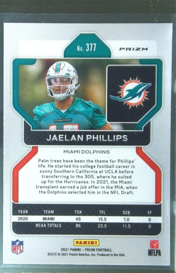 2021 Prizm Jaelan Phillips Silver RC #377 Dolphins - Image 3