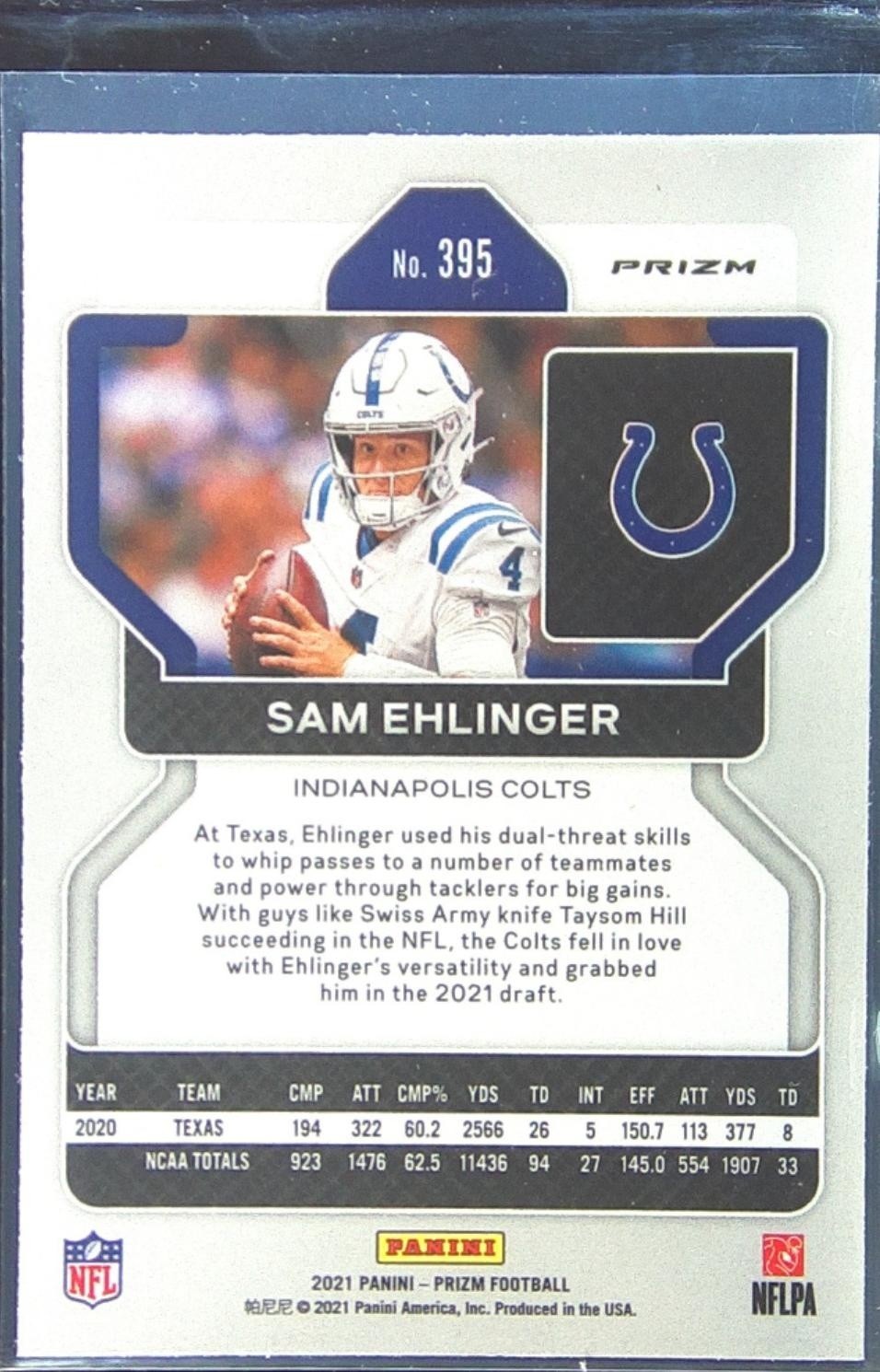 2021 Prizm Sam Ehlinger Red White and Blue RC #395 Colts - Image 3