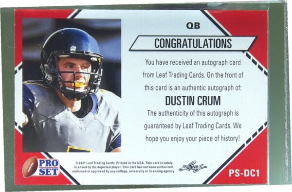 2021 Pro Set Dustin Crum Auto RC #PS-DC1 Flashes Autographs - Image 3