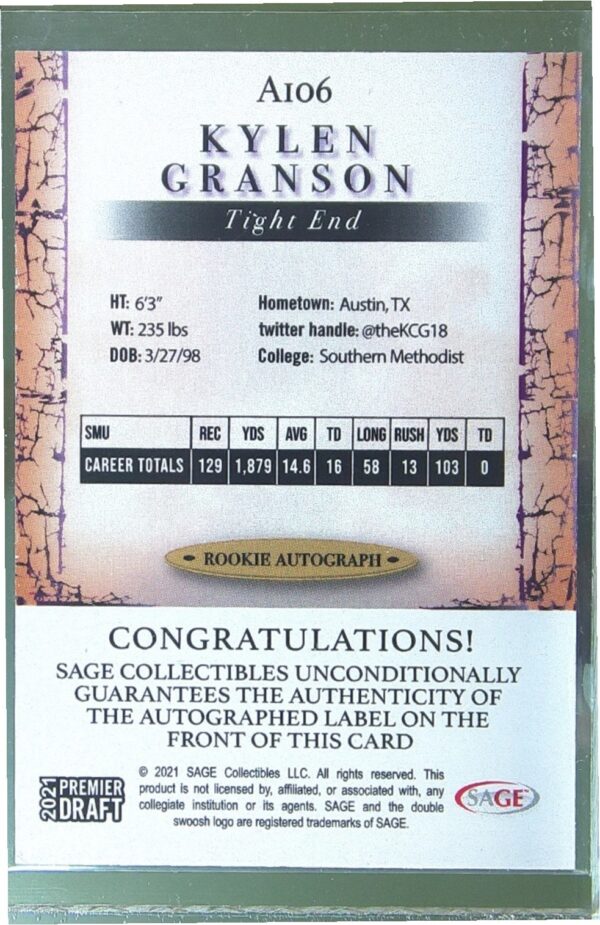 2021 SAGE Premier Draft Kylen Granson Auto RC #A106 Mustangs Autographs Black - Image 3