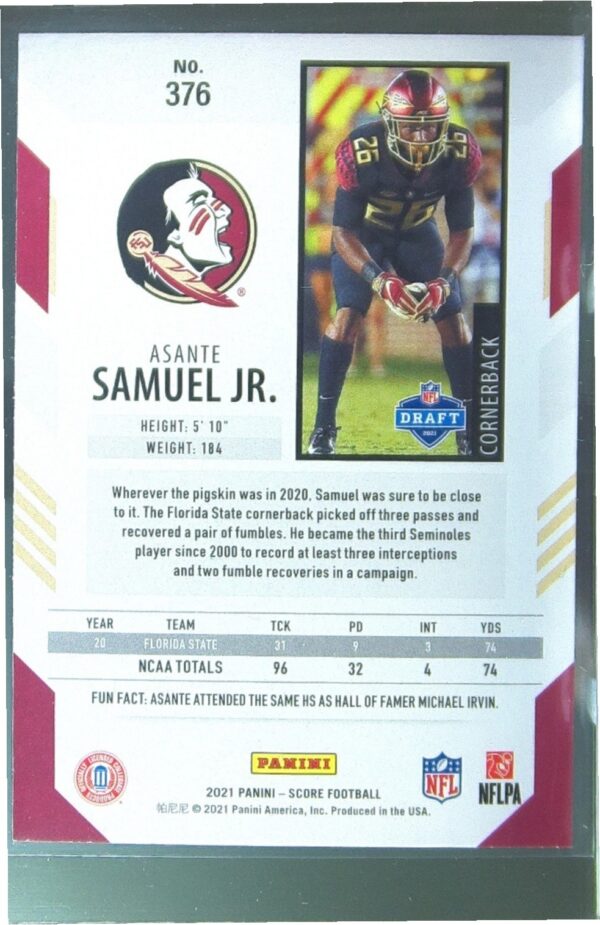 2021 Score Asante Samuel Jr. RC #376 Seminoles - Image 3