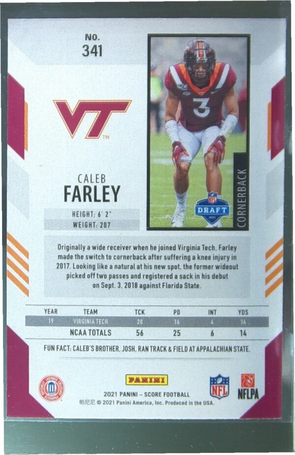 2021 Score Caleb Farley RC #341 Hokies - Image 3
