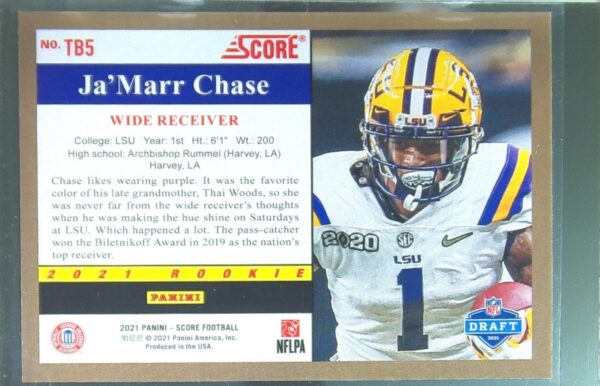 2021 Score Ja'Marr Chase RC #TB5 Tigers 1991 Throwback - Image 3