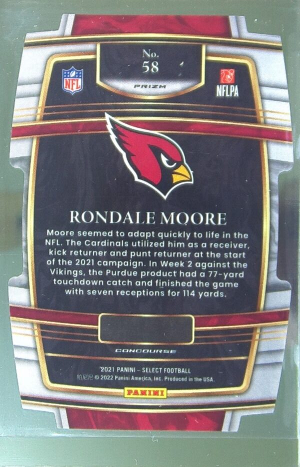 2021 Select Rondale Moore Silver Prizm Die Cut RC #58 Cardinals - Image 3