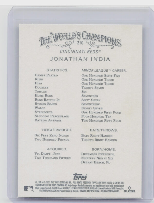 2021 Topps Allen & Ginter Jonathan India RC #210 Reds - Image 3