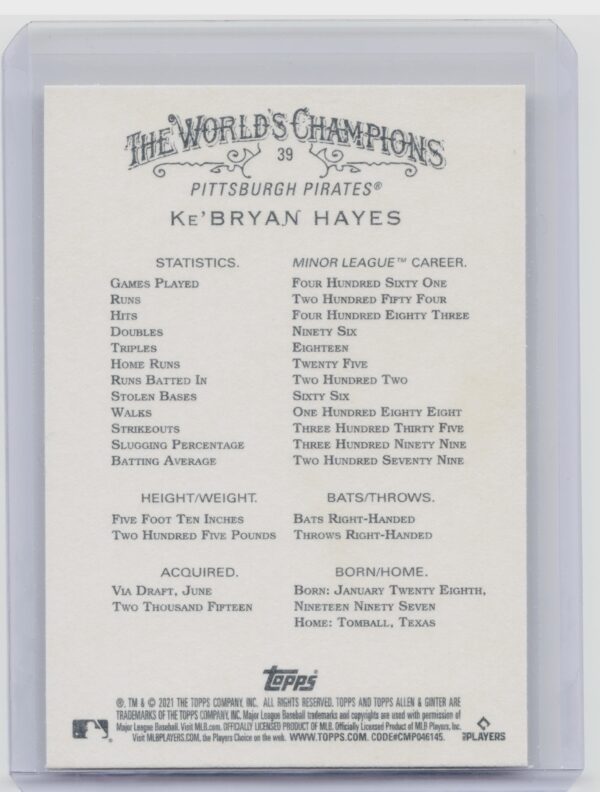 2021 Topps Allen & Ginter Ke'Bryan Hayes RC #39 Pirates - Image 3