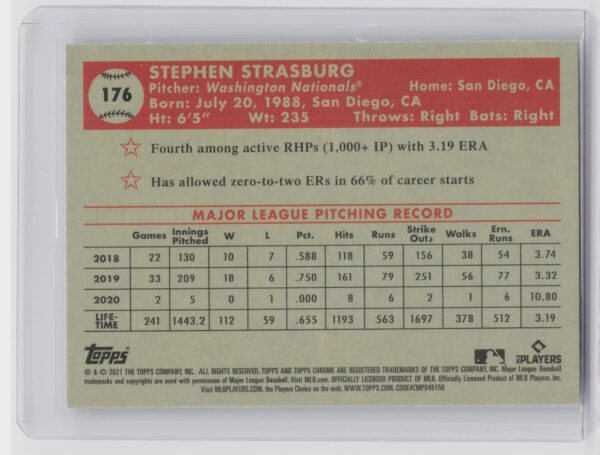 2021 Topps Chrome Platinum Anniversary Stephen Strasburg #176 Nationals - Image 3