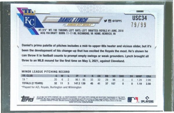 2021 Topps Chrome Update Daniel Lynch X Fractor /99 RC #USC34 Royals - Image 3