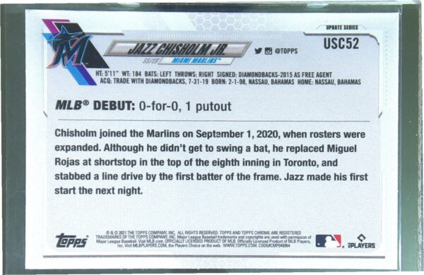 2021 Topps Chrome Update Jazz Chisholm Jr. Purple Refractor RC #USC52 Marlins - Image 3