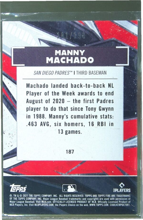 2021 Topps Fire Manny Machado Green /199 #187 Padres - Image 3