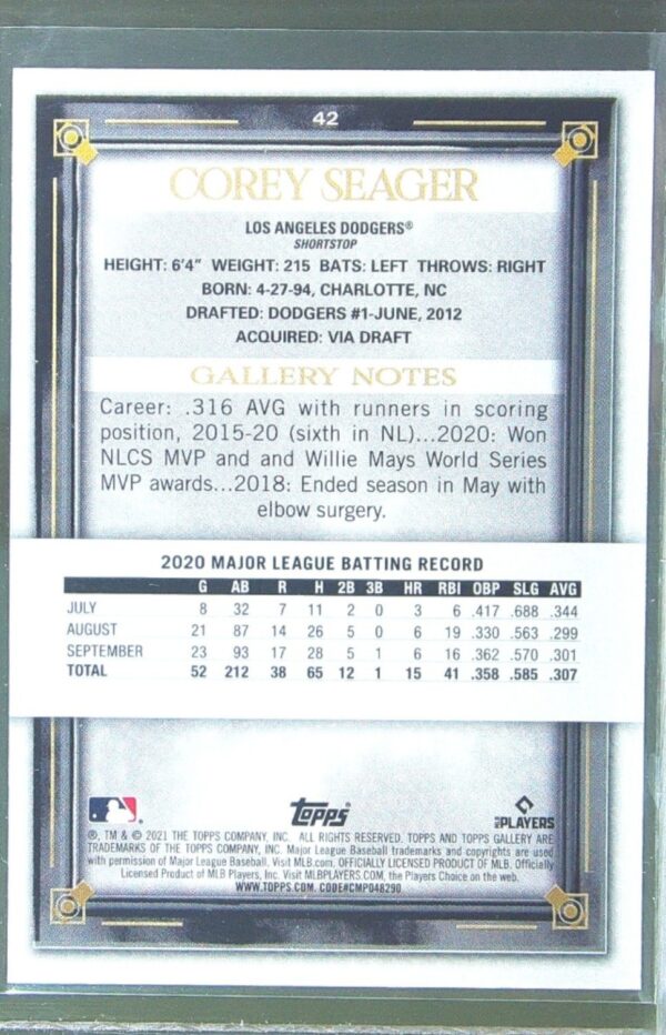 2021 Topps Gallery Corey Seager Printer Proof #42 Dodgers - Image 3