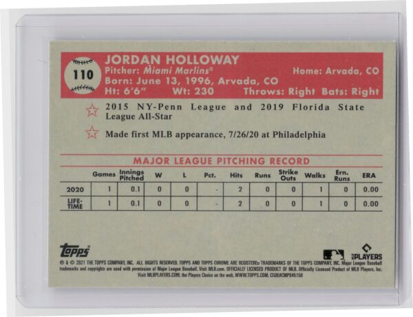 2021 Topps Jordan Holloway Rookie #110 Marlins - Image 3