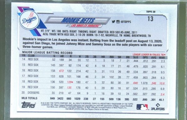 2021 Topps On-Demand Set 6: MLB 3D Mookie Betts #13 Dodgers - Image 3