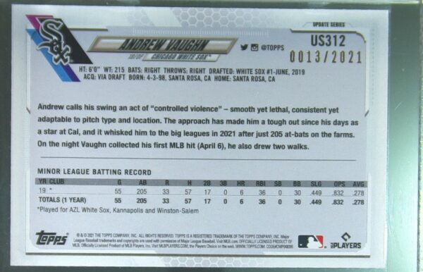 2021 Topps Update Andrew Vaughn Gold /2021 RC #US312 Sox - Image 3