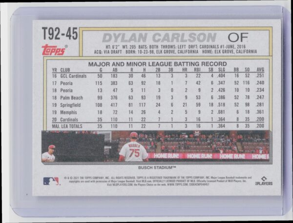 2021 Topps Update Dylan Carlson Rookie #TC92-45 Cardinals 1992 Topps Redux - Image 3