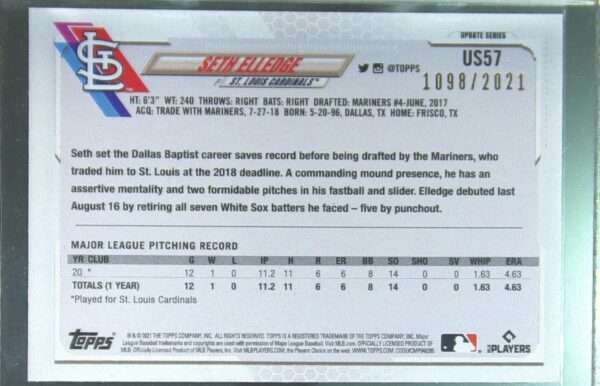 2021 Topps Update Seth Elledge Gold /2021 RC #US57 Cardinals - Image 3