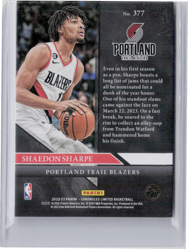 2022-23 Panini Chronicles Shaedon Sharpe Red SN149 #377 Blazers - Image 3
