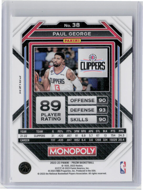 2022-23 Panini Prizm Monopoly Paul George Monopoly Black Classic Icons #38 Clipp - Image 3