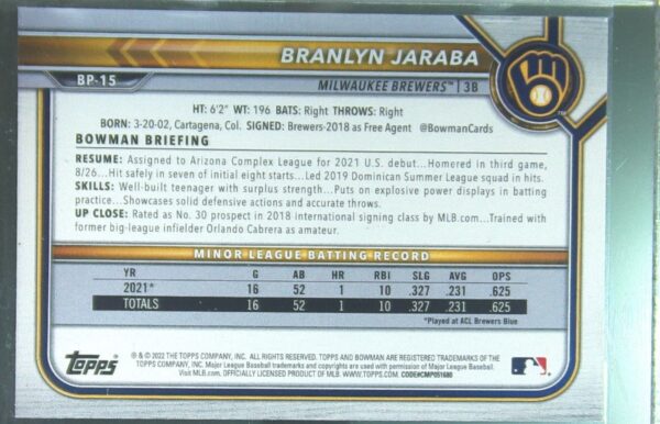 2022 Bowman Branlyn Jaraba /199 #BP-15 Brewers Prospects Purple Pattern - Image 3