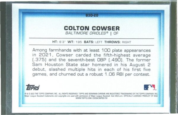 2022 Bowman Chrome Colton Cowser /150 #B3D-20 Orioles 3D Atomic Refractors - Image 3