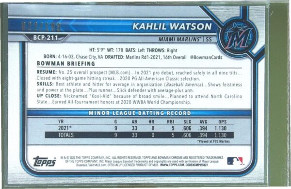 2022 Bowman Chrome Kahlil Watson /199 #BCP-211 Prospects Fuchsia/Pink Shimmer - Image 3