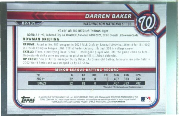 2022 Bowman Darren Baker /250 #BP-131 Nationals Prospects Purple - Image 3