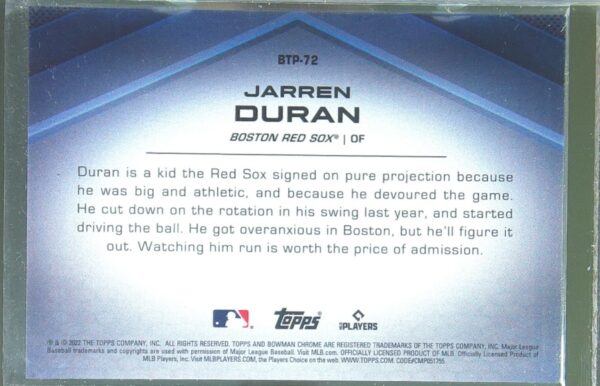 2022 Bowman Jarren Duran /150 #BTP-72 Bowman Scouts' Top 100 Atomic Refractor - Image 3