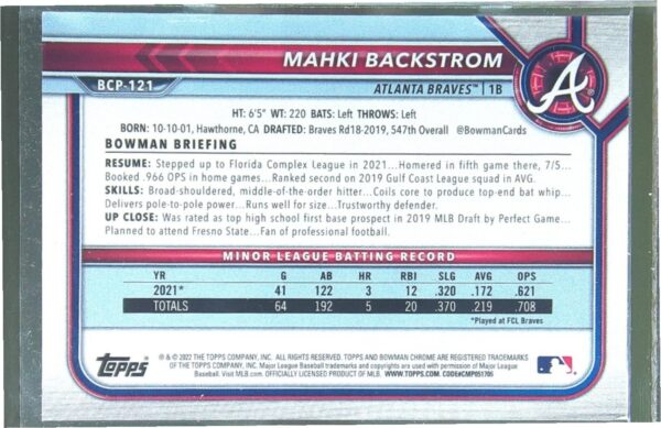 2022 Bowman Mahki Backstrom /399 #BCP-121 Braves Chrome Prospects Lava - Image 3