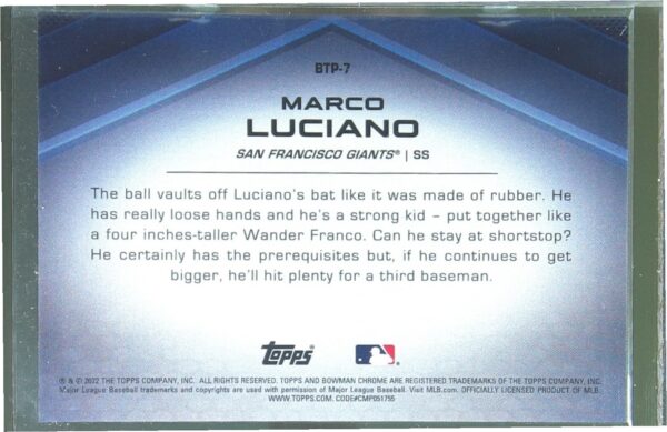 2022 Bowman Marco Luciano /99 #BTP-7 Giants Bowman Scouts' Top 100 Green Refract - Image 3